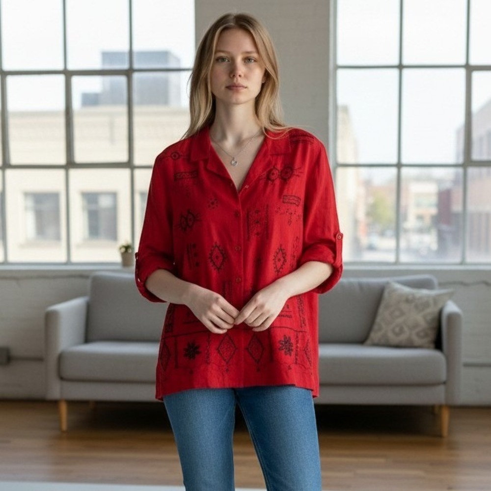JM Collection Embroidered Beaded Blouse Women L Red Silk Blend Long Sleeve Top